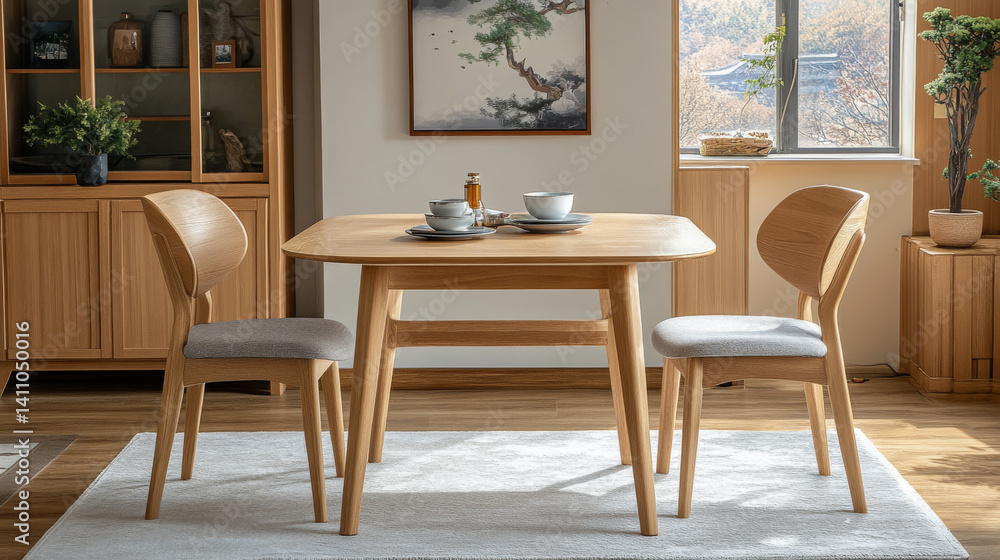 light wood dining table with two chairs set in cozy room, featuring serene atmosphere and natural light. Perfect for meals and gatherings light wood dining table with two chairs set in cozy room, featuring serene atmosphere and natural light. Perfect for meals and gatherings
