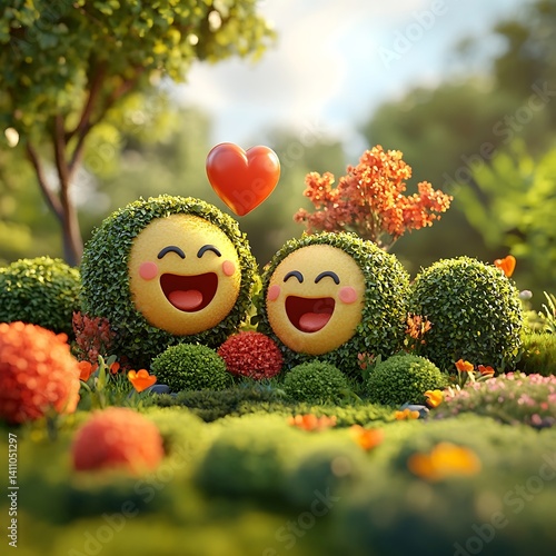 Laughing Emoji Bushes in Garden – Cute World Emoji Day Landscape