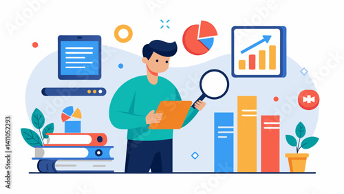 A publisher uses data analytics to determine which genres are most searched for and read on online platforms allowing them to focus their marketing efforts and increase sales.. Vector illustration