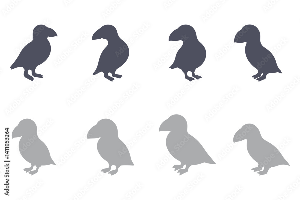 Naklejka premium Puffin Bird Silhouette Icon Set. Animal Illustration Design