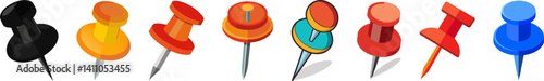 A set of eight vibrant and glossy pushpins in various colors, casting subtle shadows, commonly used for marking or attaching items.