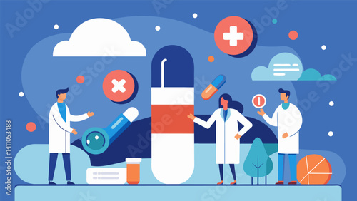 After months of collecting and analyzing data from clinical trials a drug company confidently launches a new treatment that shows promising results in diagnosing and treating a. Vector illustration
