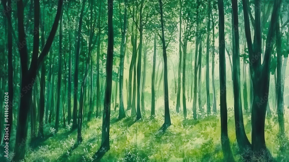 Lush, sunlit forest path with deep green tones. Lush, sunlit forest path with deep green tones.
