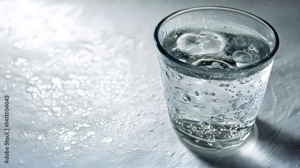A glass of clear water with droplets, simple and pure hydration in everyday life A glass of clear water with droplets, simple and pure hydration in everyday life