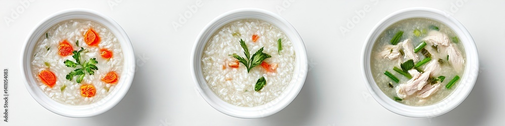 Three Bowls of Congee, Featuring Different Toppings Three Bowls of Congee, Featuring Different Toppings