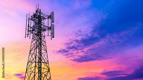 Communication Tower At Sunset Sky