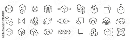 Cube, 3d model icons. Engineering, tool, cube outline symbols. Vector icons