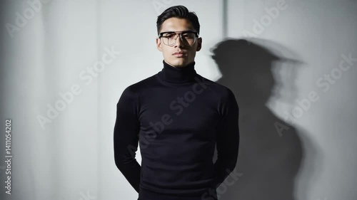 Stylish male with glasses wearing a black turtleneck sweater in front of a gray wall