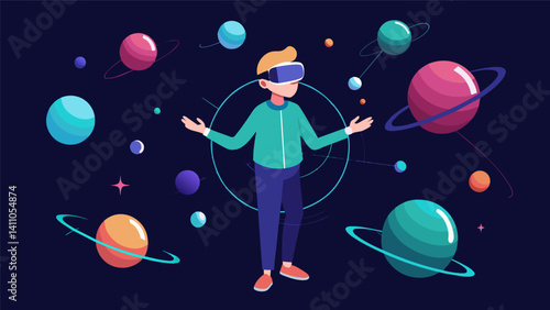 A person in a virtual world filled with data spheres using their VR tools to connect them into a cohesive structure.. Vector illustration