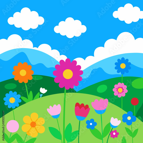 Vibrant wildflower meadow cartoon landscape background 