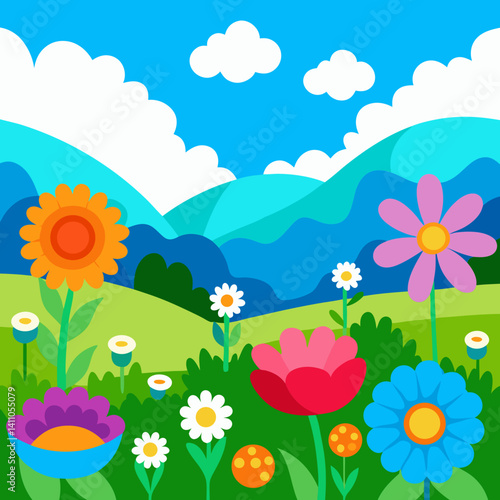 Vibrant wildflower meadow cartoon landscape background 