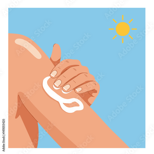 Applying Sunscreen Lotion on skin, sunny beach background, Sun protection, skincare, UV safety concept, For health guides, beauty blogs, travel ads, summer campaigns 