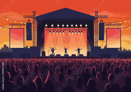 Band energetically performing on stage at concert, sunset background, Live music, festival entertainment concept, For event posters, music websites, promotional materials