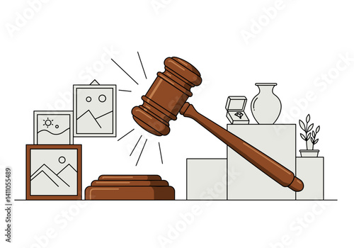 Charity Auction Gavel hitting block with artifacts, clean vector illustration, Fundraising, bidding, donation concept, For non-profit events, auction promotions, charity campaigns