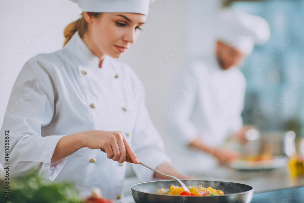 Female Chef in White Uniform Cooking on a Stove with Focused Expression in Modern Kitchen Female Chef in White Uniform Cooking on a Stove with Focused Expression in Modern Kitchen