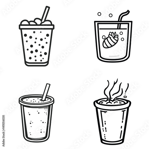 Black outline drinks set bubble tea, lemonade, slush and hot beverage
