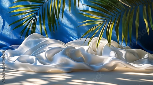 Serene Elegance: White Silk Drapery with Tropical Palm Fronds on Azure Backdrop
