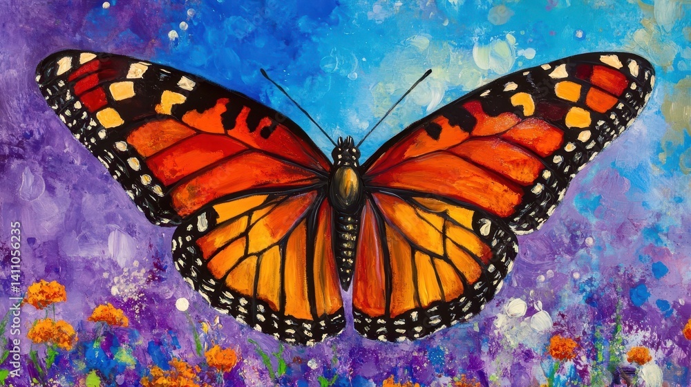 Fototapeta premium Vibrant monarch butterfly against a backdrop of cosmos.