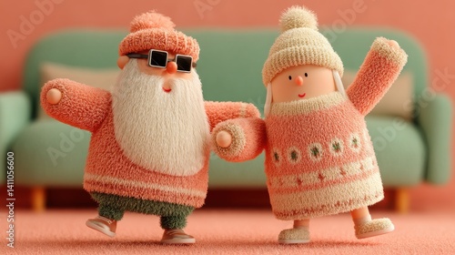 3d illustration, cute cartoon loving senior couple dancing at home with joy