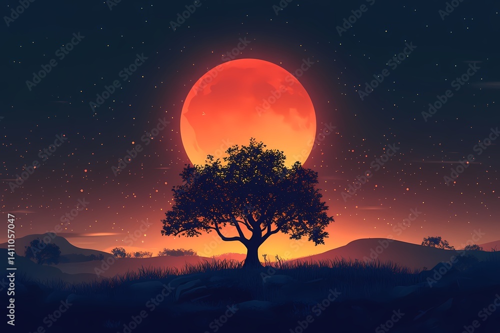 Mystical Night Sky. Silhouette Tree Under Full Moon on a Starry Evening Mystical Night Sky. Silhouette Tree Under Full Moon on a Starry Evening