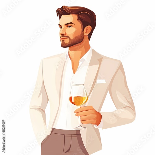 Elegant Illustrated Portrait of Stylish Man in Formal Attire Enjoying Cocktail at Outdoor Event - Modern Men's Fashion and Style