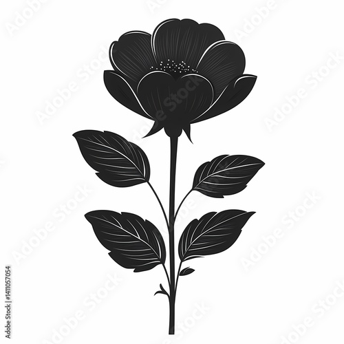 Elegant Black Flower Illustration: Artistic Botanical Silhouette with Monochrome Petals and Leaves