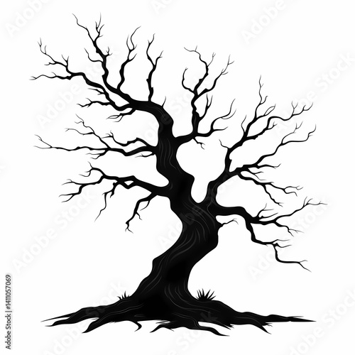 Intricate Dead Tree Silhouette: Artistic Illustration with Dark Aesthetics and Abstract details in Vintage Engraving Style and Eco Design Theme