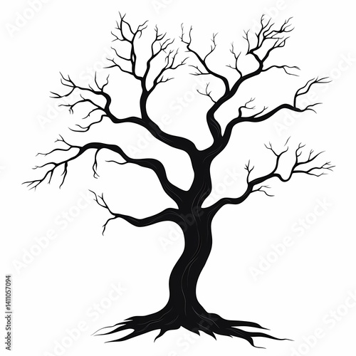Abstract Black Tree Silhouette: Isolated Leafless Nature Icon with Twisted Branches for Halloween Decoration and Minimalist Graphic Art