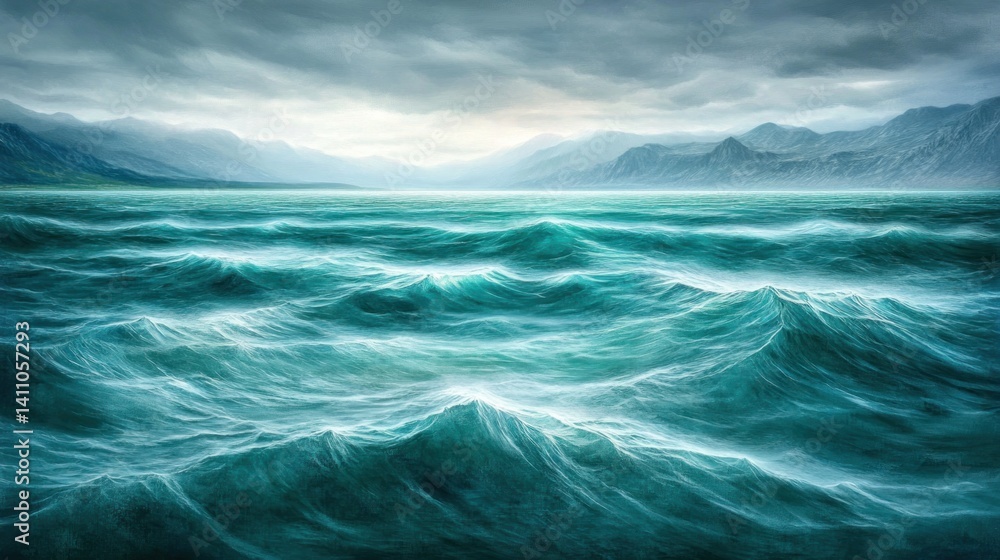 Fototapeta premium Stormy turquoise waters meet a distant mountainous horizon.