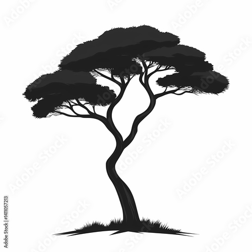 Artistic Black Silhouette Tree Illustration with Twisted Trunk and Leafy Patterns in Eco-Friendly Vector Design