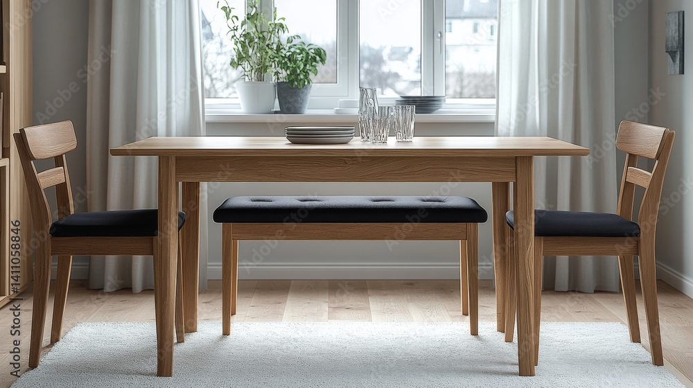Fototapeta premium modern dining room features light wood table with black cushioned bench and two matching chairs. Natural light streams through window, creating warm and inviting atmosphere