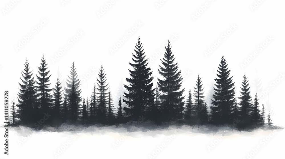 Fototapeta premium Black and White Forest Landscape. Majestic Pine Silhouettes in Mystical Wilderness