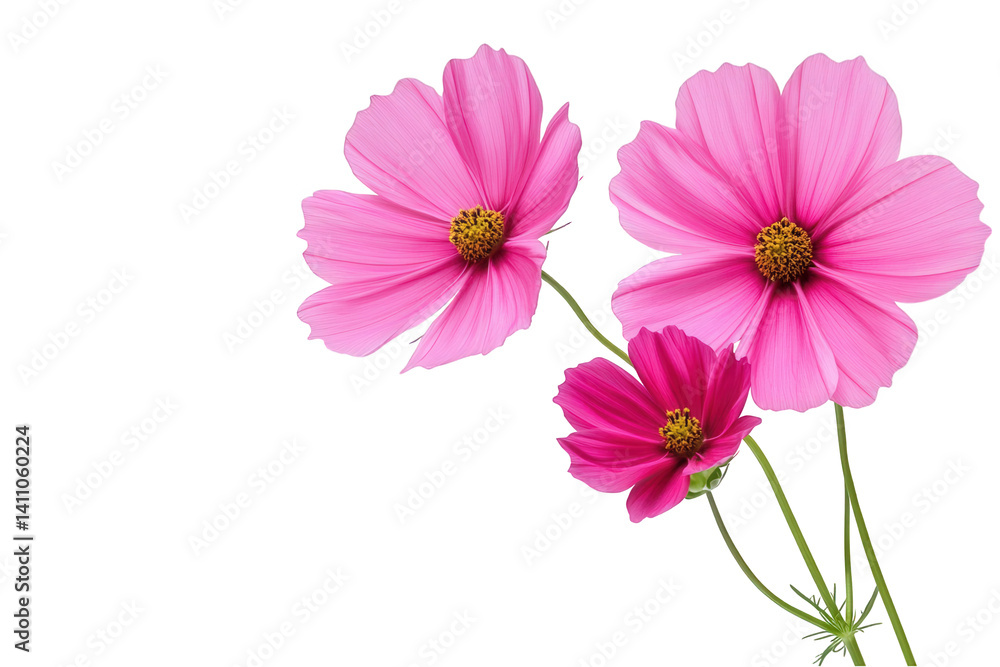 Vibrant pink flowers in full bloom showcasing their delicate petals and rich color against a clean, white background Vibrant pink flowers in full bloom showcasing their delicate petals and rich color against a clean, white background