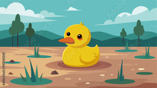 As if frozen in time a lone rubber duck sits atop the dry pond a surreal reminder of a happier more waterabundant past.. Vector illustration