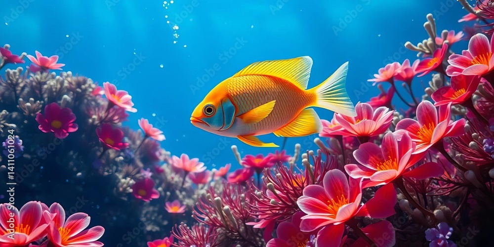 Fototapeta premium Ethereal fish glides amidst vibrant underwater blooms, ample negative space, stock photo, bioluminescent