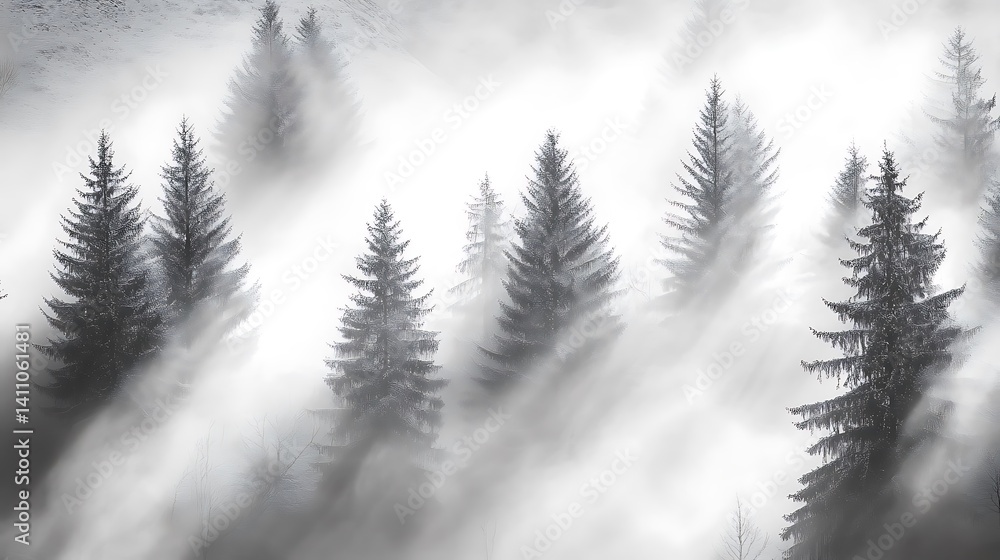 Obraz premium Moody Pines Through Dense Fog, Serene Winter Forest with Mist Texture