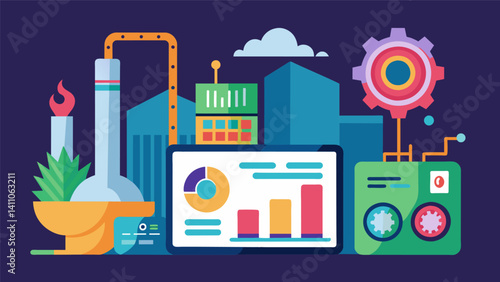 A textile mill using predictive maintenance data to optimize equipment performance reducing energy consumption and prolonging machine life.. Vector illustration