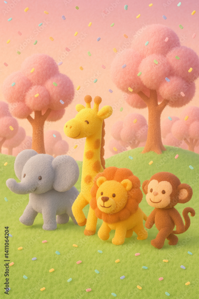 Naklejka premium Elephant, Giraffe, Lion, Monkey, pink trees, pastel colors, sprinkles falling, cheerful mood, whimsical, 3D render
