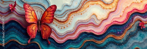Abstract art with marble texture featuring intricate feather patterns and butterfly shape, pattern, abstract, shape