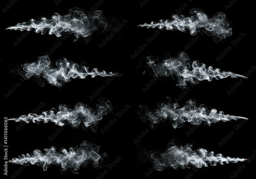 Obraz premium Eight plumes of white smoke isolated against a stark black background creating an ethereal effect