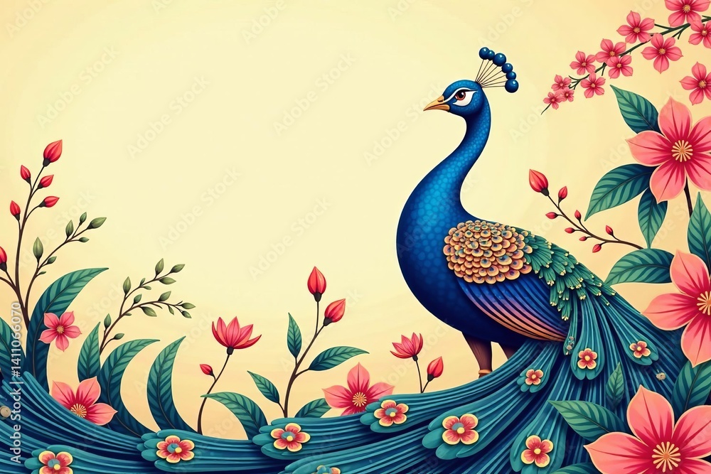 Obraz premium Abstract chinoiserie peacock illustration in bright and fun colors, pattern, abstract, bright