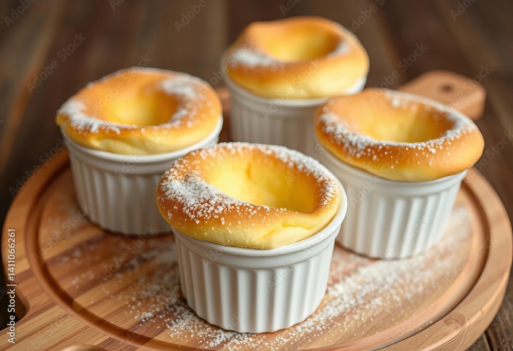 Golden soufflés, powdered sugar dusting, white ramekins, wooden board, soufflé, pastrychef Golden soufflés, powdered sugar dusting, white ramekins, wooden board, soufflé, pastrychef