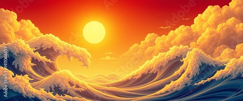 Golden sunlit ocean wave, oriental style, seamless clouds, Japanese/Chinese design, great wave, water