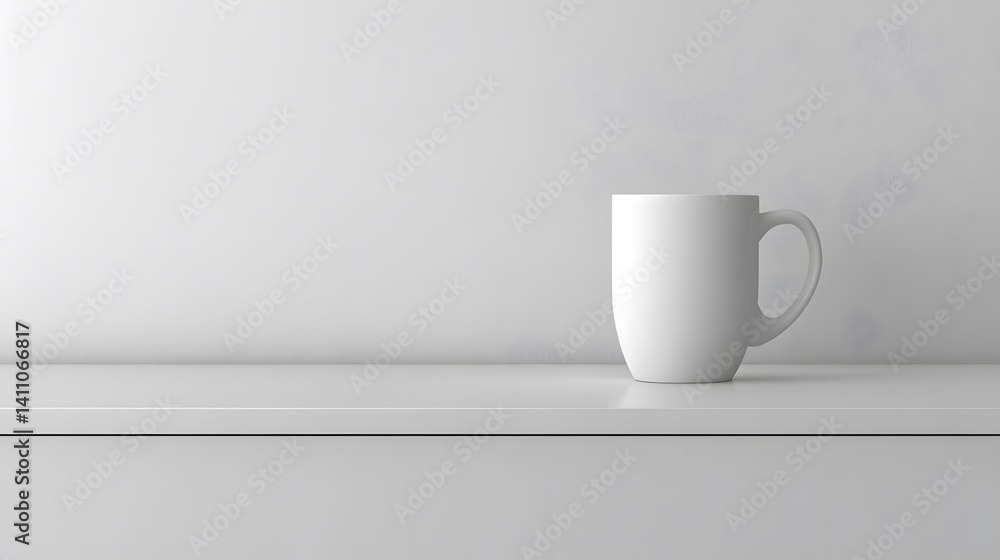 Obraz premium Minimalist White Mug on Shelf, Clean Design Mockup