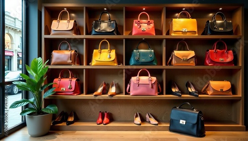 A stylish selection of designer handbags and shoes in a modern store setting, bags, shoes, store