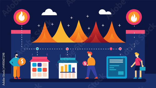 An animated heat chart showing the customer flow in a discount store highlighting peak hours and popular sections.. Vector illustration