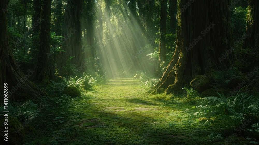 Obraz premium Serene Forest Pathway with Sunlight Streaming Through