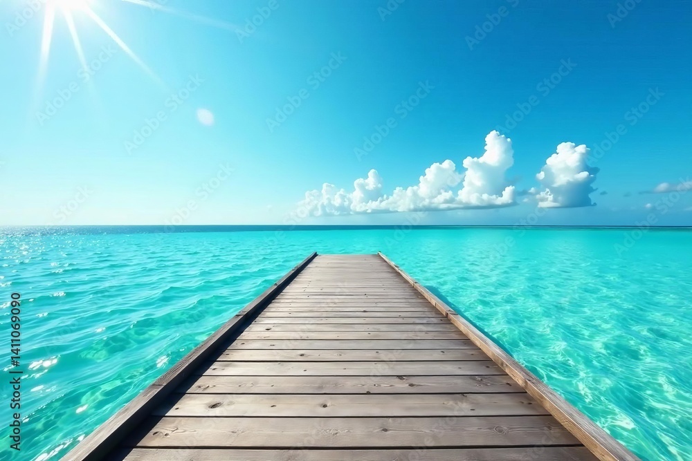 Obraz premium Idyllic wooden dock stretching into clear blue ocean under sunny sky, scenery, water, vacation