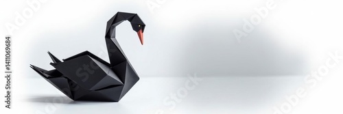 Intricately folded black swan made of origami paper on a white background, hobby, art, creative