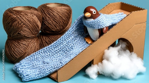 Adorable Penguin Sliding Down Cardboard Ramp with